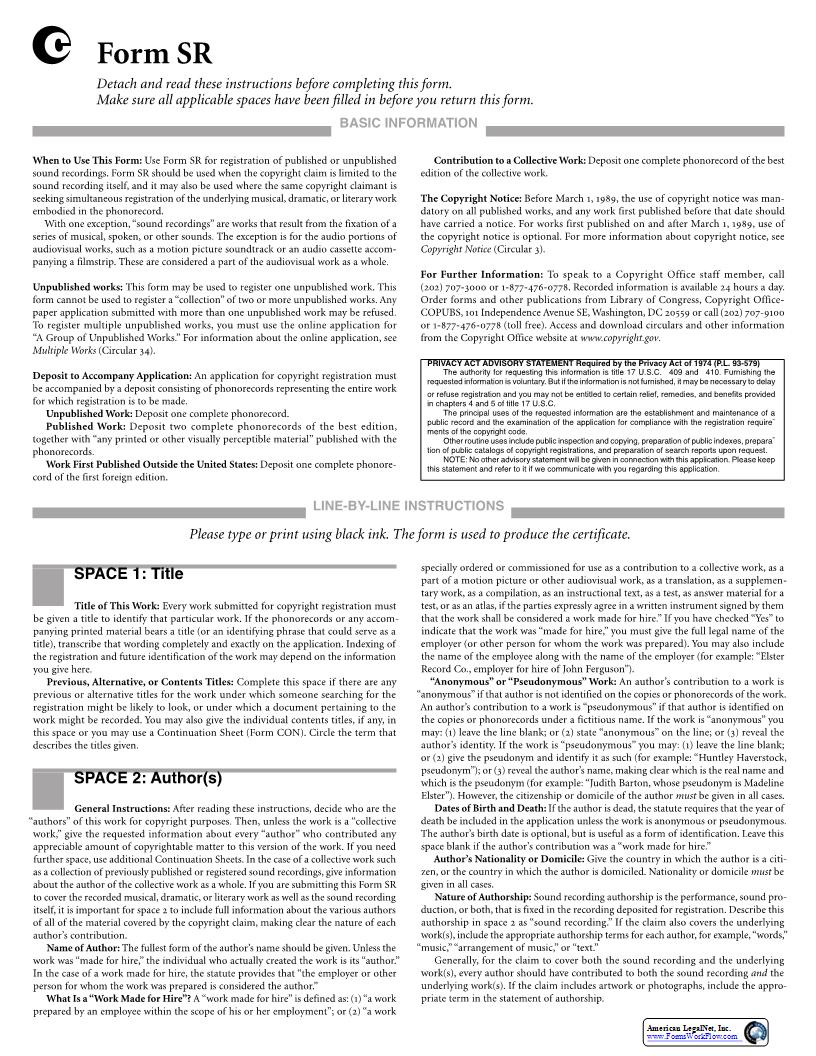 Form SR For Sound Recording {SR} | Pdf Fpdf Docx | Official Federal Forms