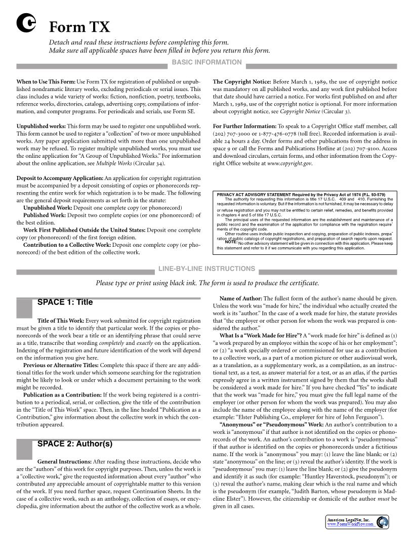 Form TX For A Non-Dramatic Literary Work {TX} | Pdf Fpdf Docx | Official Federal Forms