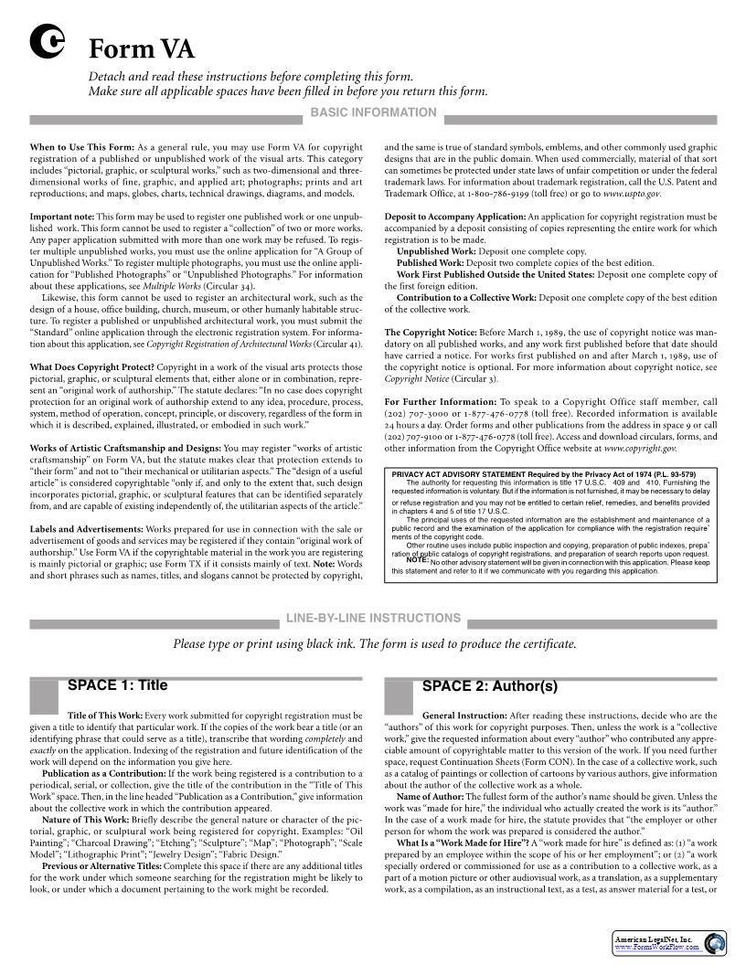Form VA For A Work Of The Visual Arts {VA} | Pdf Fpdf Docx | Official Federal Forms