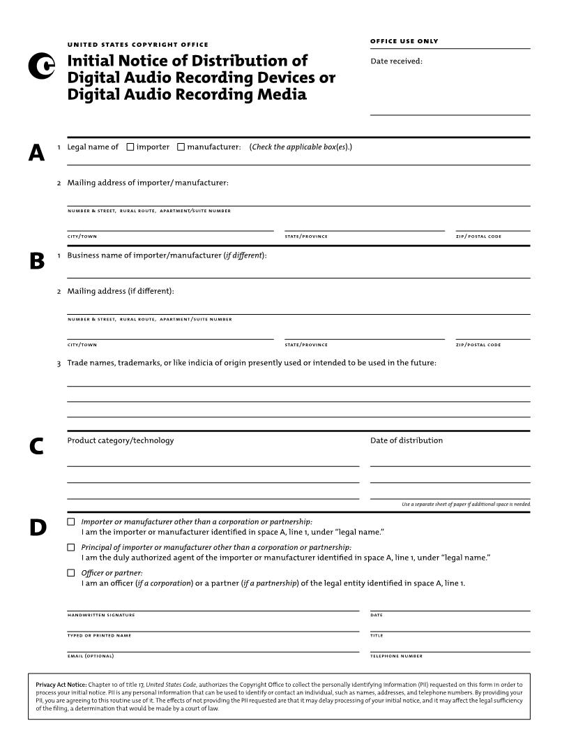 Initial Notice Of Distribution Of Digital Audio Recording Devices Or Digital Audio Recording Media {DART-IND} | Pdf Fpdf Docx | Official Federal Forms