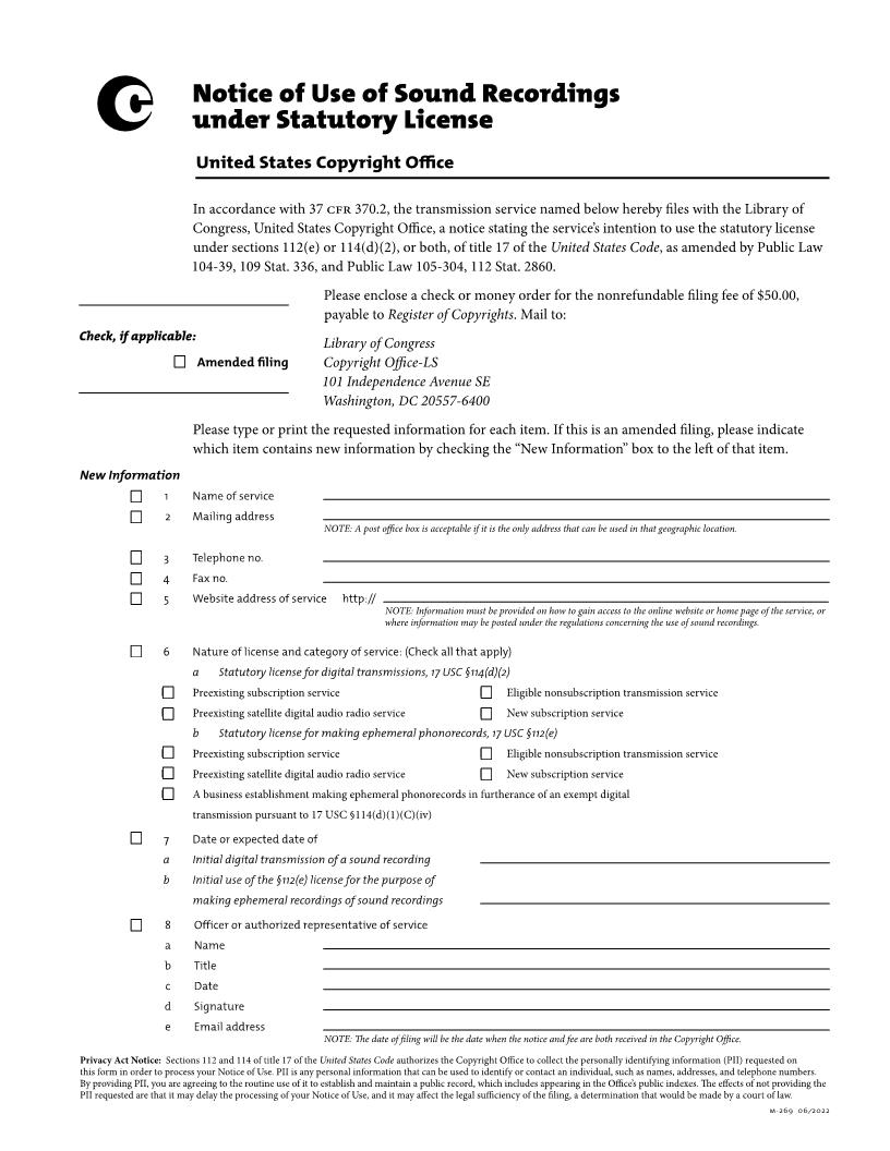 Notice Of Use Of Sound Recordings Under Statutory License {M-269} | Pdf Fpdf Doc Docx | Official Federal Forms