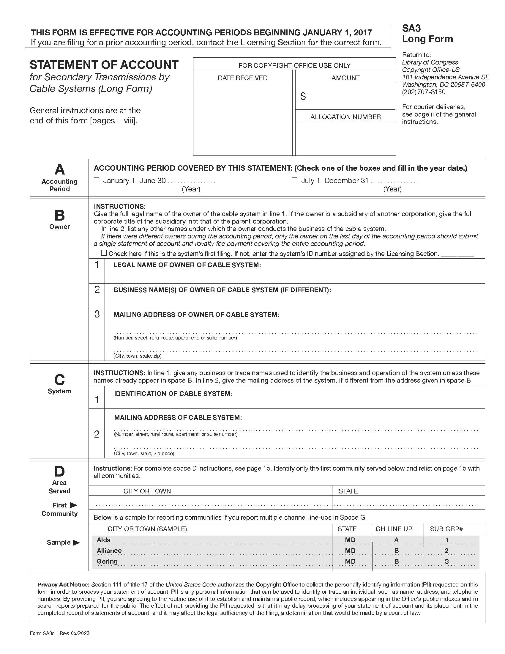 Statement Of Account For Secondary Transmissions By Cable Systems (Long Form) (Periods Beginning January 1 2011) {SA3} | Pdf Fpdf Docx | Official Federal Forms