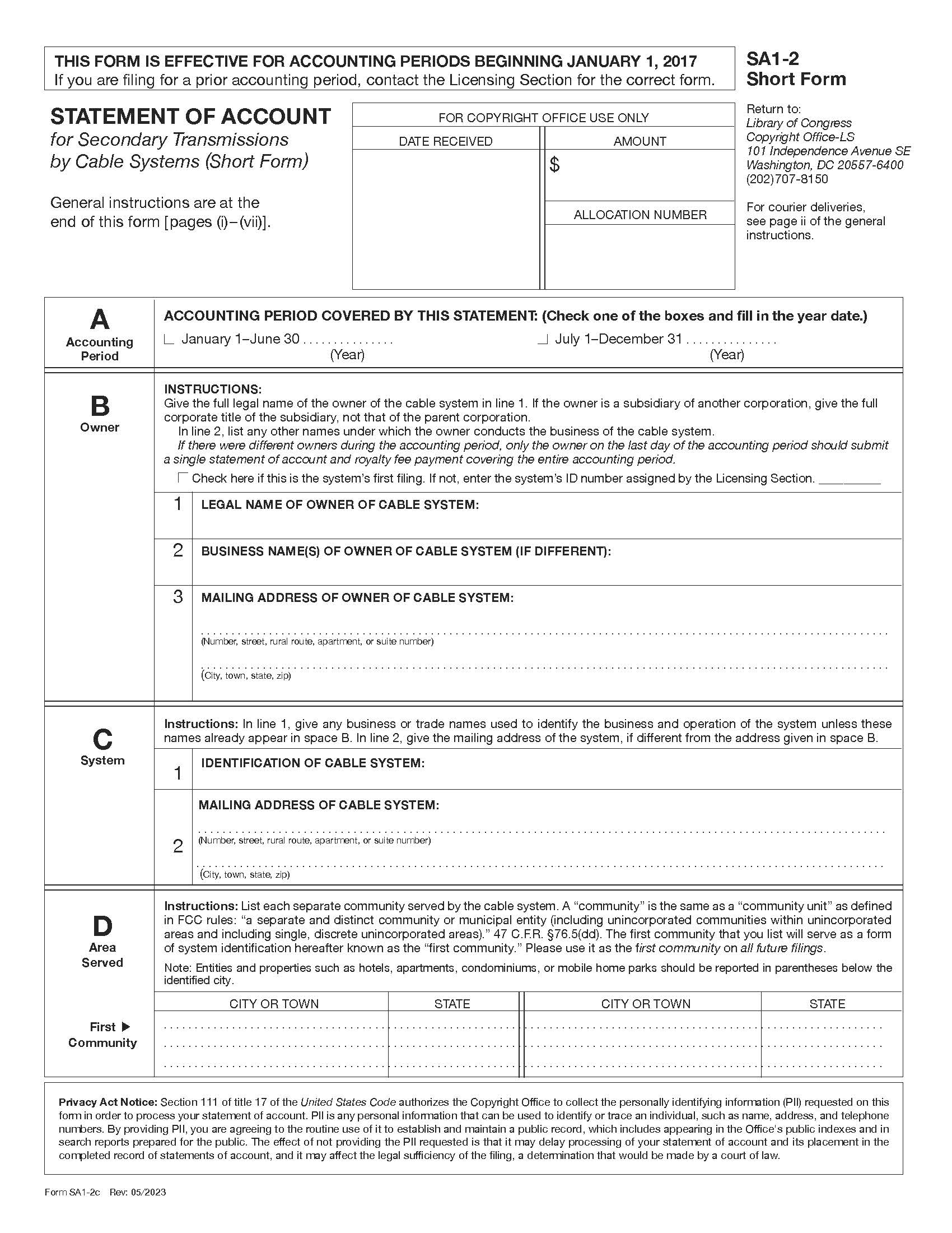 Statement Of Account For Secondary Transmissions By Cable Systems (Short Form) {SA1-2} | Pdf Fpdf Doc Docx | Official Federal Forms