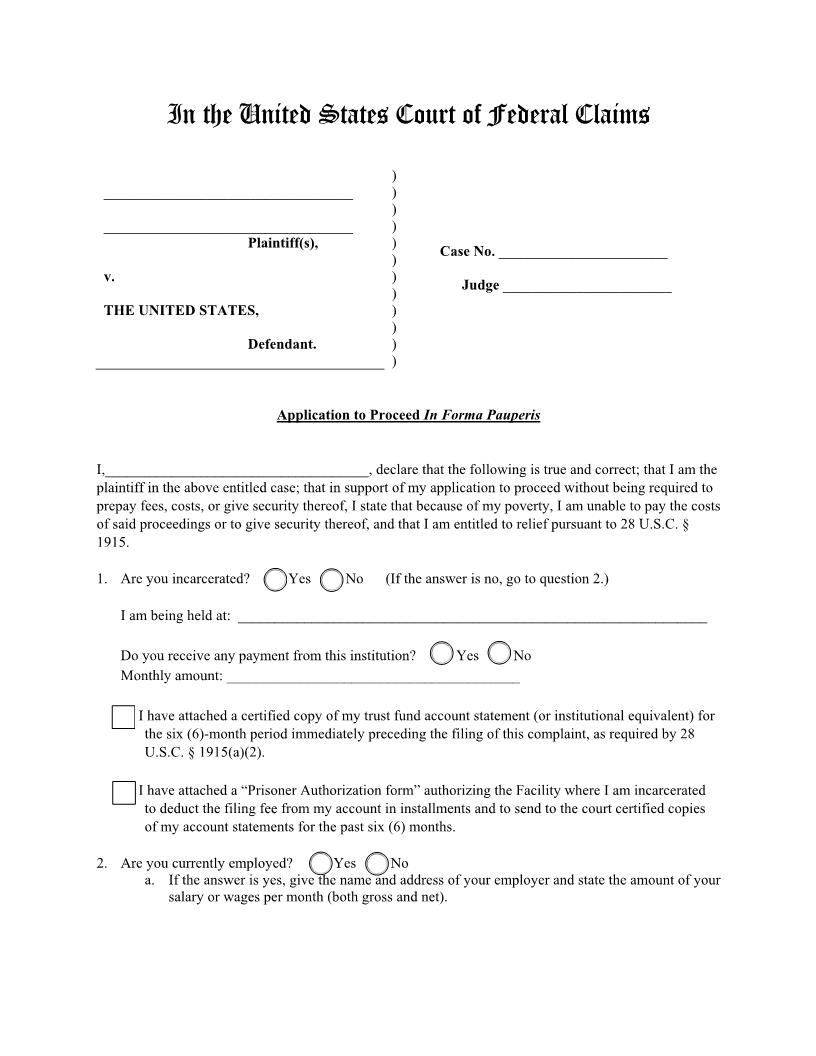 Application To Proceed In Forma Pauperis | Pdf Fpdf Doc Docx | Official Federal Forms
