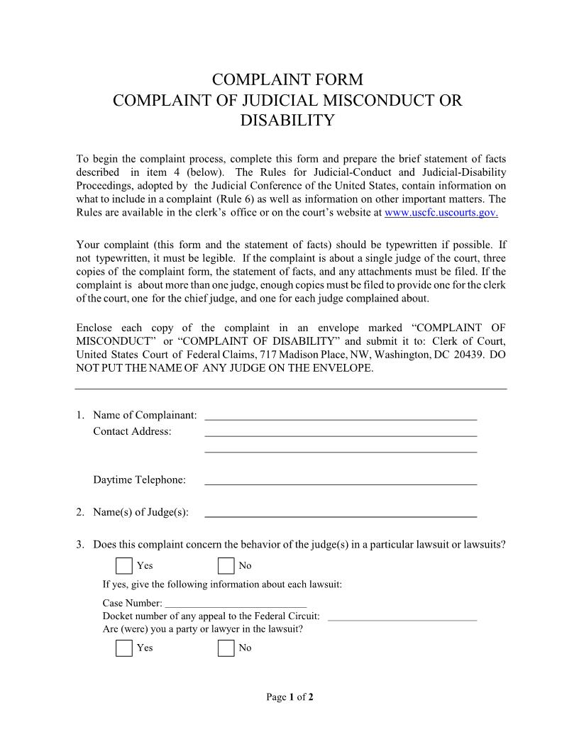 Complaint Form Complaint Of Judicial Misconduct Or Disability | Pdf Fpdf Doc Docx | Official Federal Forms