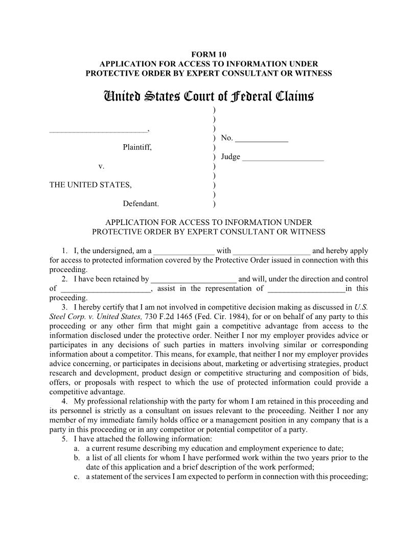 Form 10 Application For Access To Information Under Protective Order By Expert Consultant Or Witness {10} | Pdf Fpdf Doc Docx | Official Federal Forms