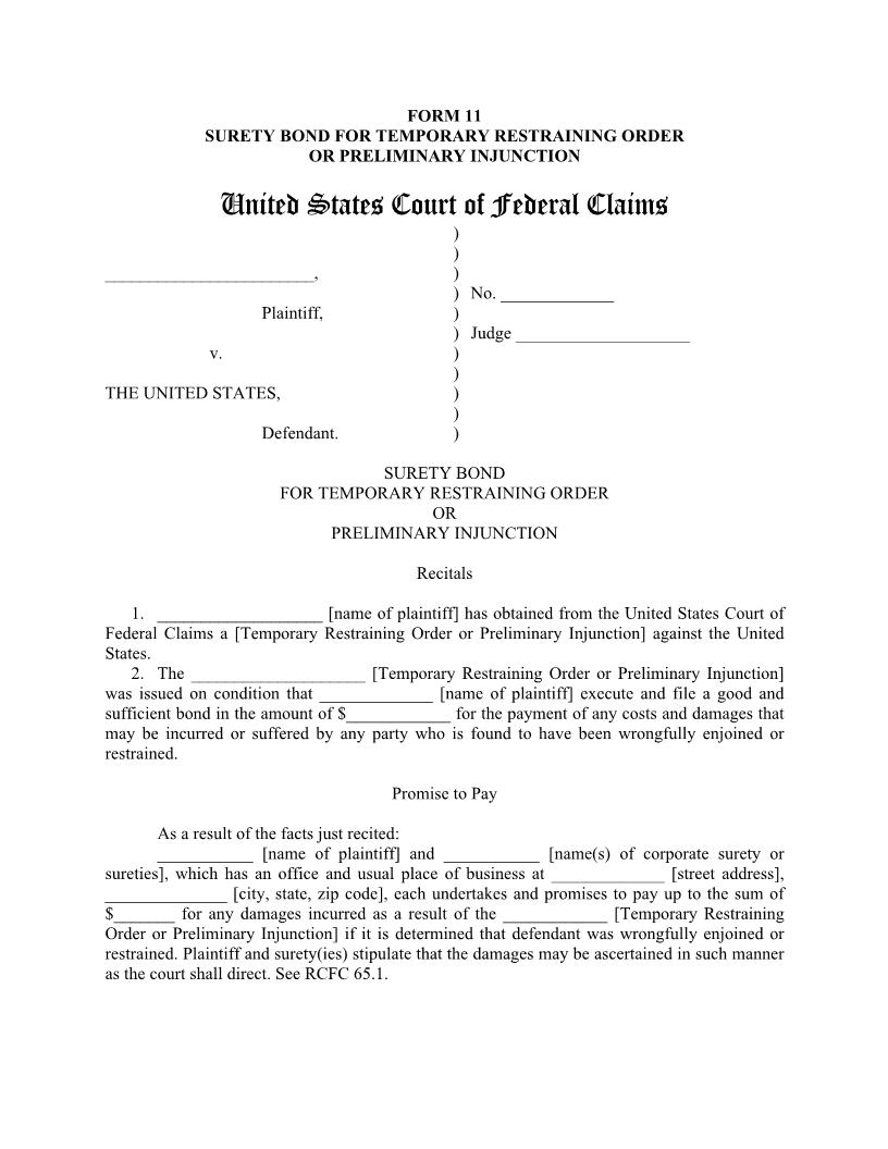 Form 11 Surety Bond For Temporary Restraining Order Or Preliminary Injunction {11} | Pdf Fpdf Doc Docx | Official Federal Forms