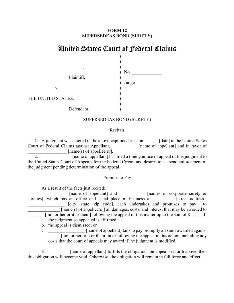 Form 12 Supersedeas Bond (Surety) {12} | Pdf Fpdf Doc Docx | Official Federal Forms