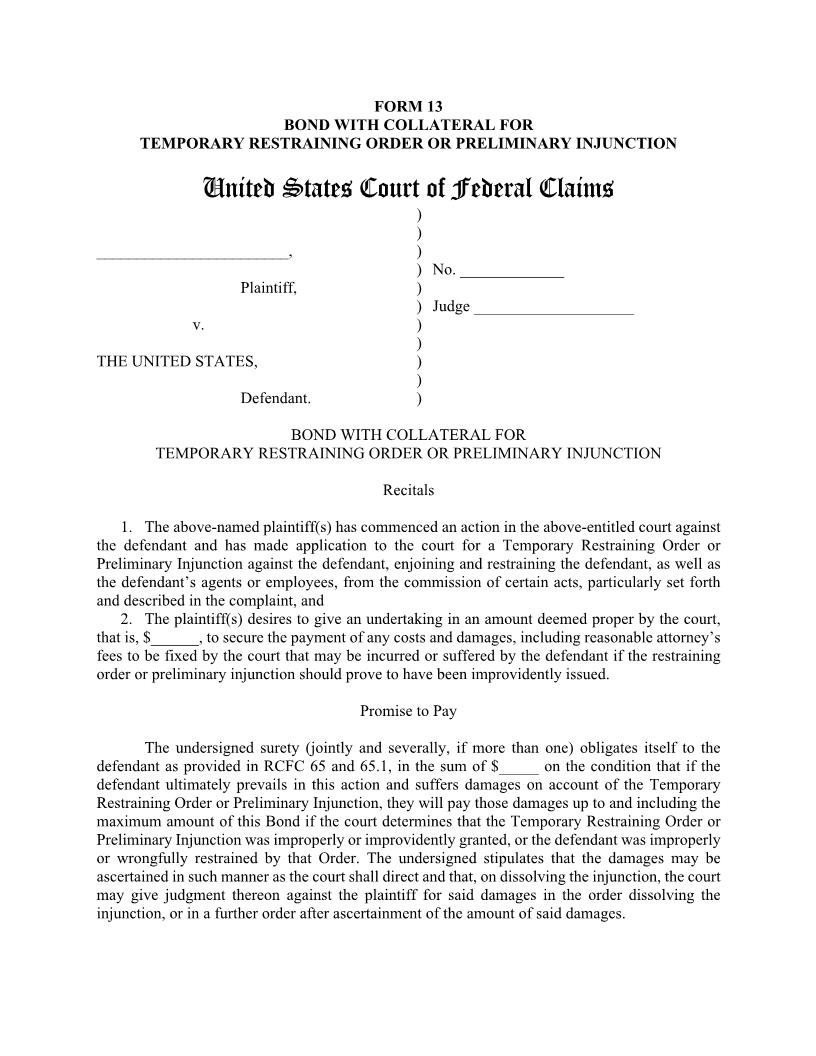 Form 13 Bond With Collateral For Temporary Restraining Order Or Preliminary Injuction {13} | Pdf Fpdf Doc Docx | Official Federal Forms