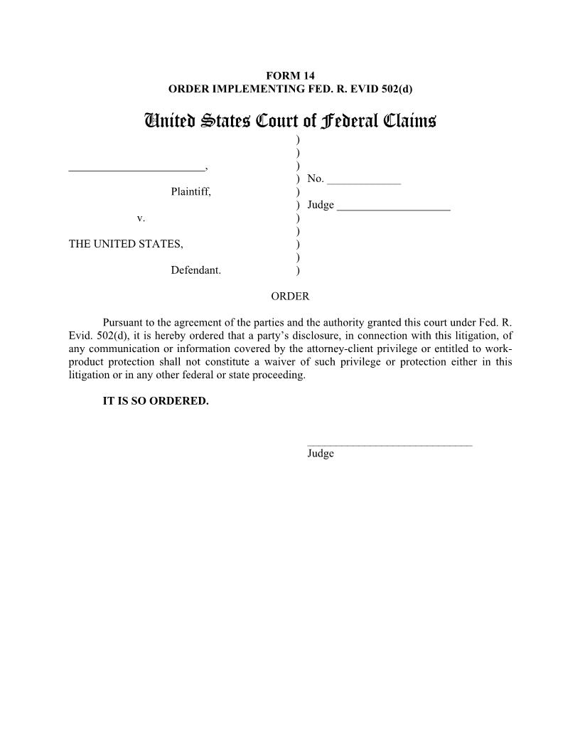 Form 14 Order Implementing Fed. R. Evid. 502(d) {14} | Pdf Fpdf Doc Docx | Official Federal Forms