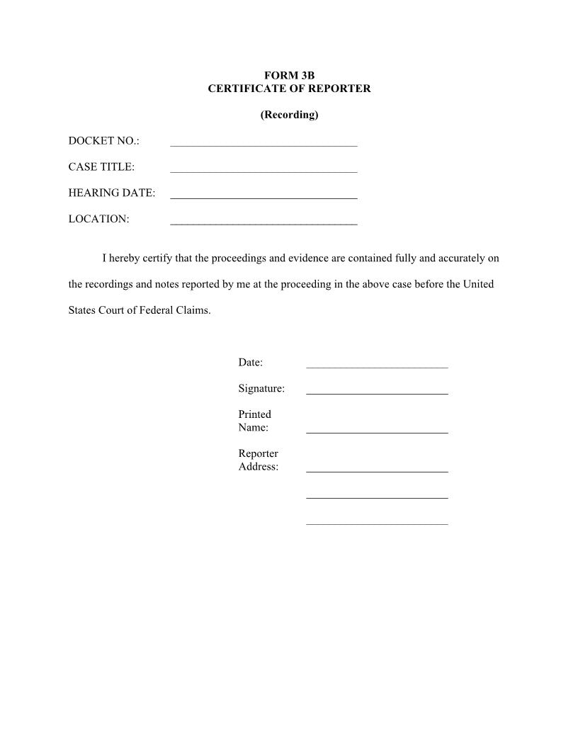 Form 3B Certificate Of Reporter (Reporter-Recorded Proceeding) {3B} | Pdf Fpdf Doc Docx | Official Federal Forms