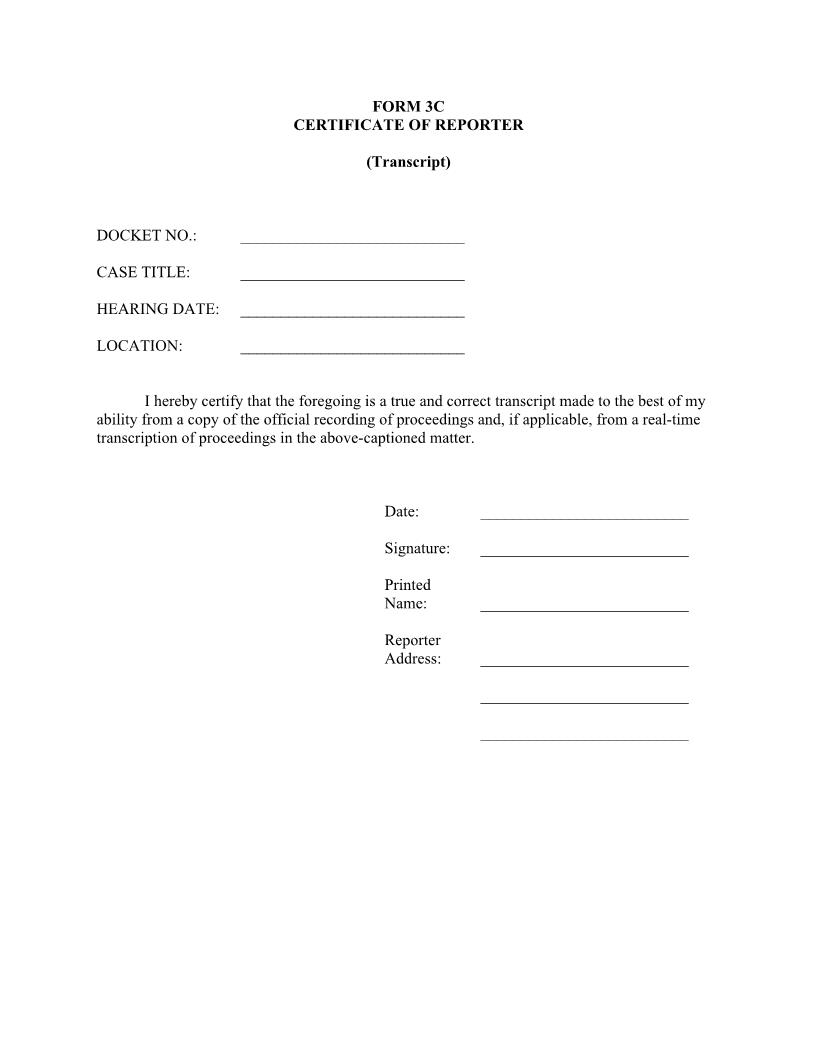 Form 3C Certificate Of Reporter (Court-Recorded Proceeding) {3C} | Pdf Fpdf Doc Docx | Official Federal Forms