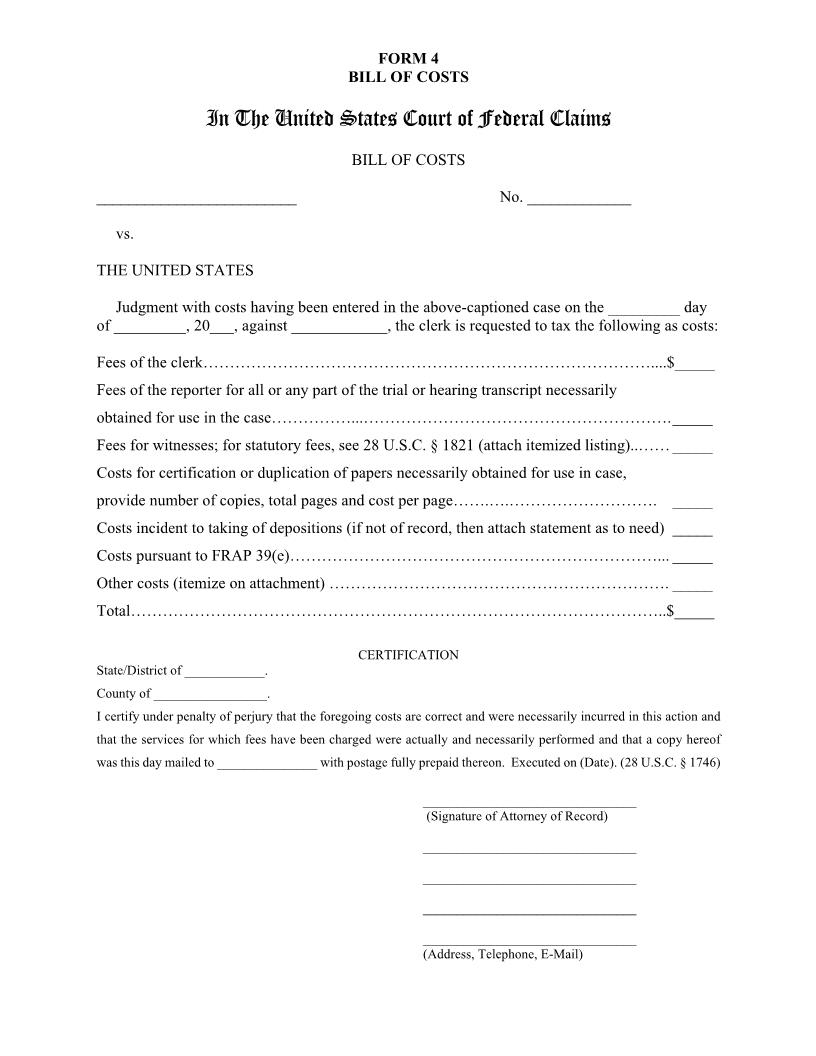 Form 4 Bill Of Costs {4} | Pdf Fpdf Doc Docx | Official Federal Forms