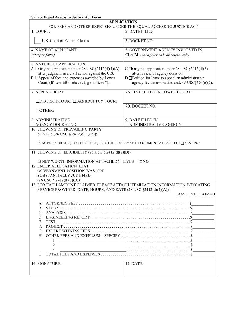 Form 5 Application For Fees And Other Expenses Under The Equal Access To Justice Act {5} | Pdf Fpdf Doc Docx | Official Federal Forms