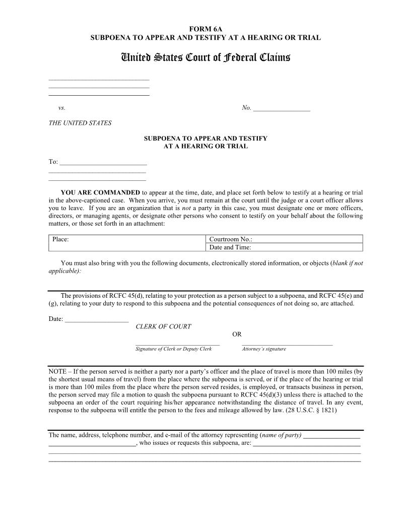 Form 6A Subpoena To Appear And Testify At A Hearing Or Trial {6A} | Pdf Fpdf Doc Docx | Official Federal Forms