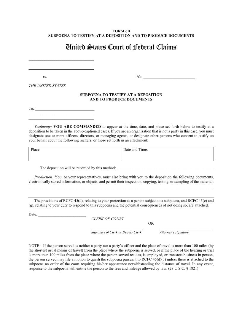 Form 6B Subpoena To Testify At Deposition Or To Produce Documents {6B} | Pdf Fpdf Doc Docx | Official Federal Forms