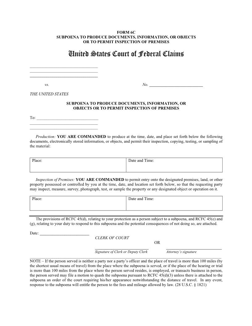Form 6C Subpoena To Produce Documents Information Or Objects {6C} | Pdf Fpdf Doc Docx | Official Federal Forms