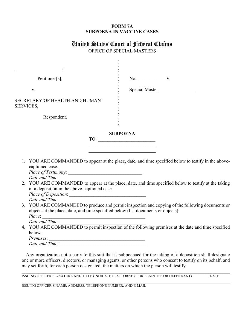 Form 7A Subpoena In Vaccine Cases {7A} | Pdf Fpdf Doc Docx | Official Federal Forms