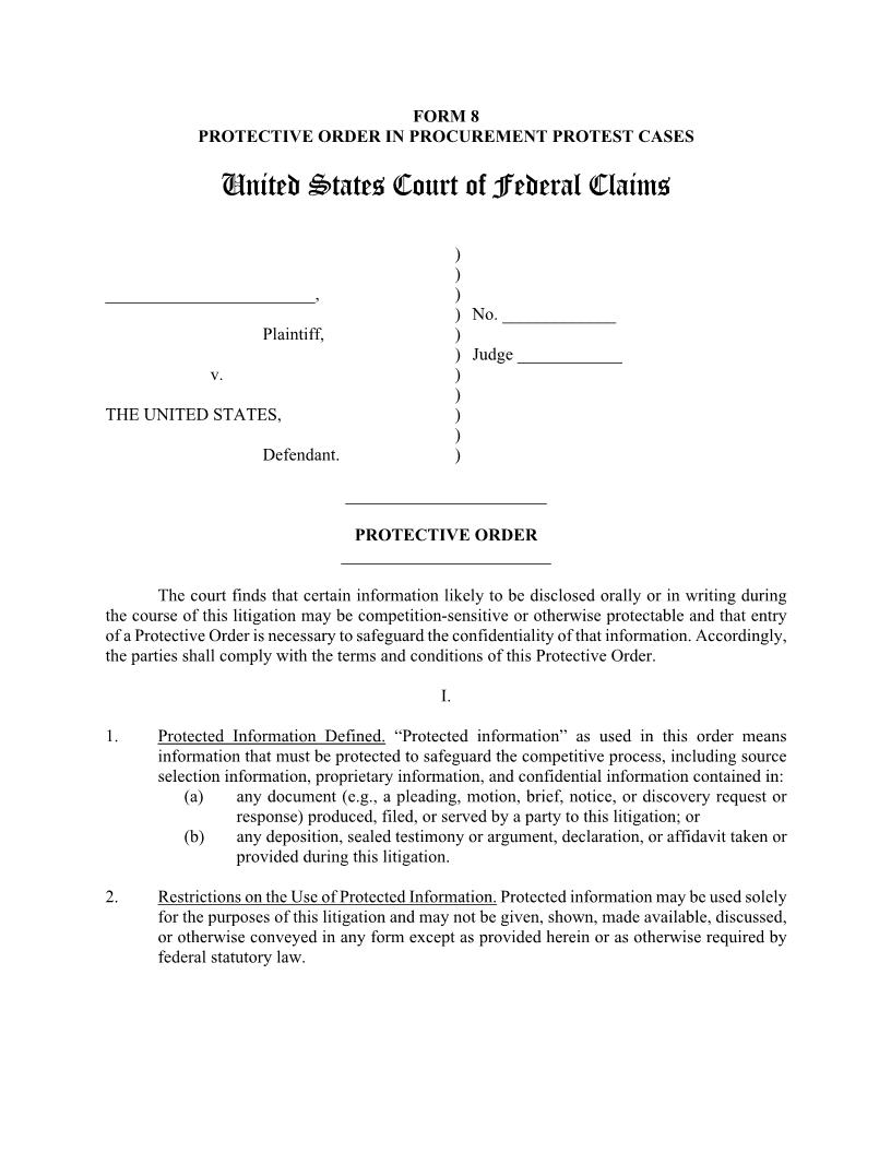 Form 8 Protective Order In Procurement Protest Cases {8} | Pdf Fpdf Doc Docx | Official Federal Forms