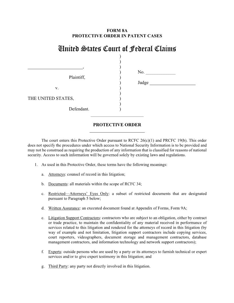Form 8A Protective Order (In Patent Cases) {8A} | Pdf Fpdf Docx | Official Federal Forms