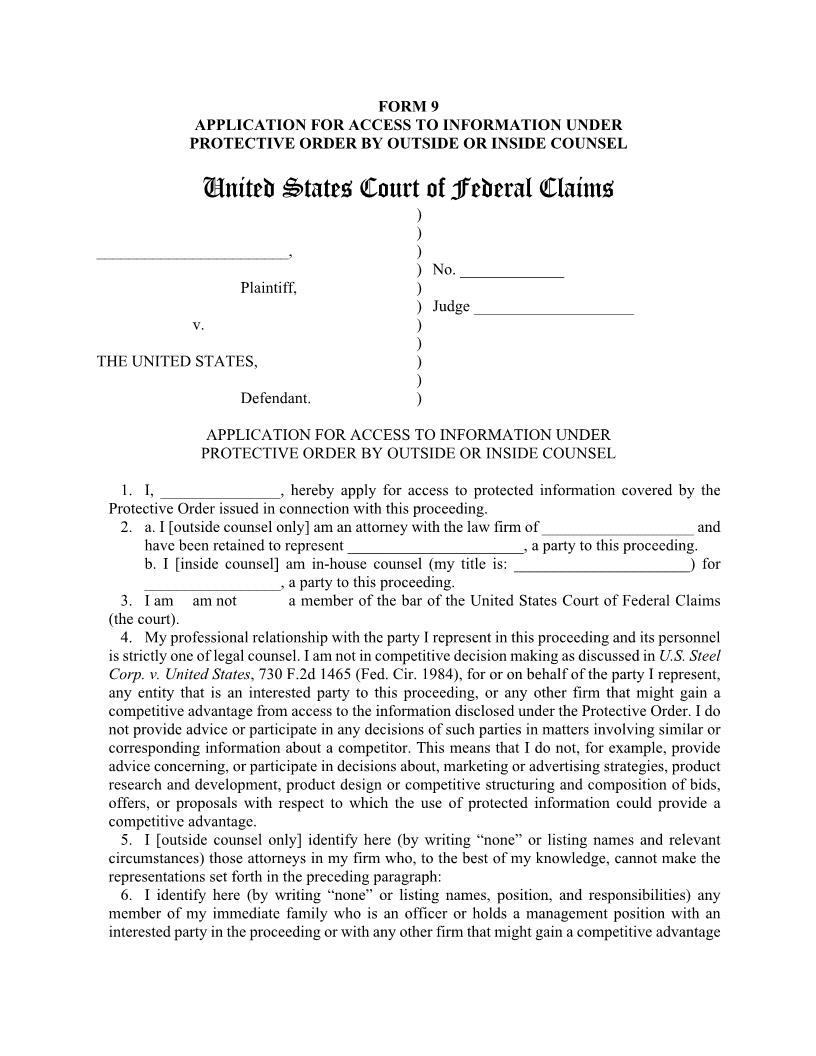Form 9 Application For Access To Information Under Protective Order {9} | Pdf Fpdf Docx | Official Federal Forms