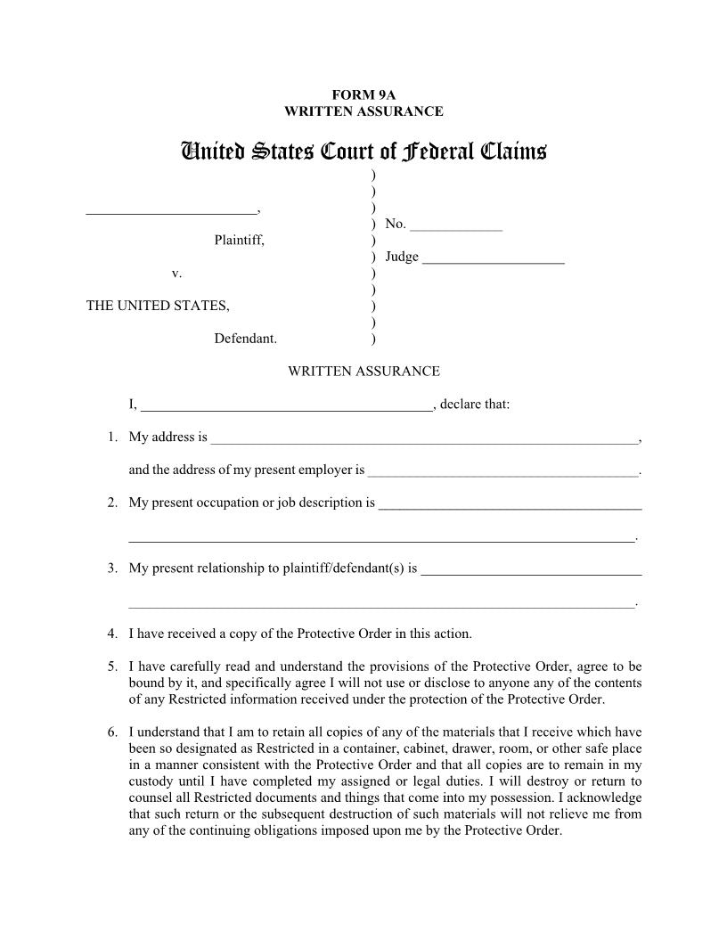 Form 9A Written Assurance {9A} | Pdf Fpdf Docx | Official Federal Forms