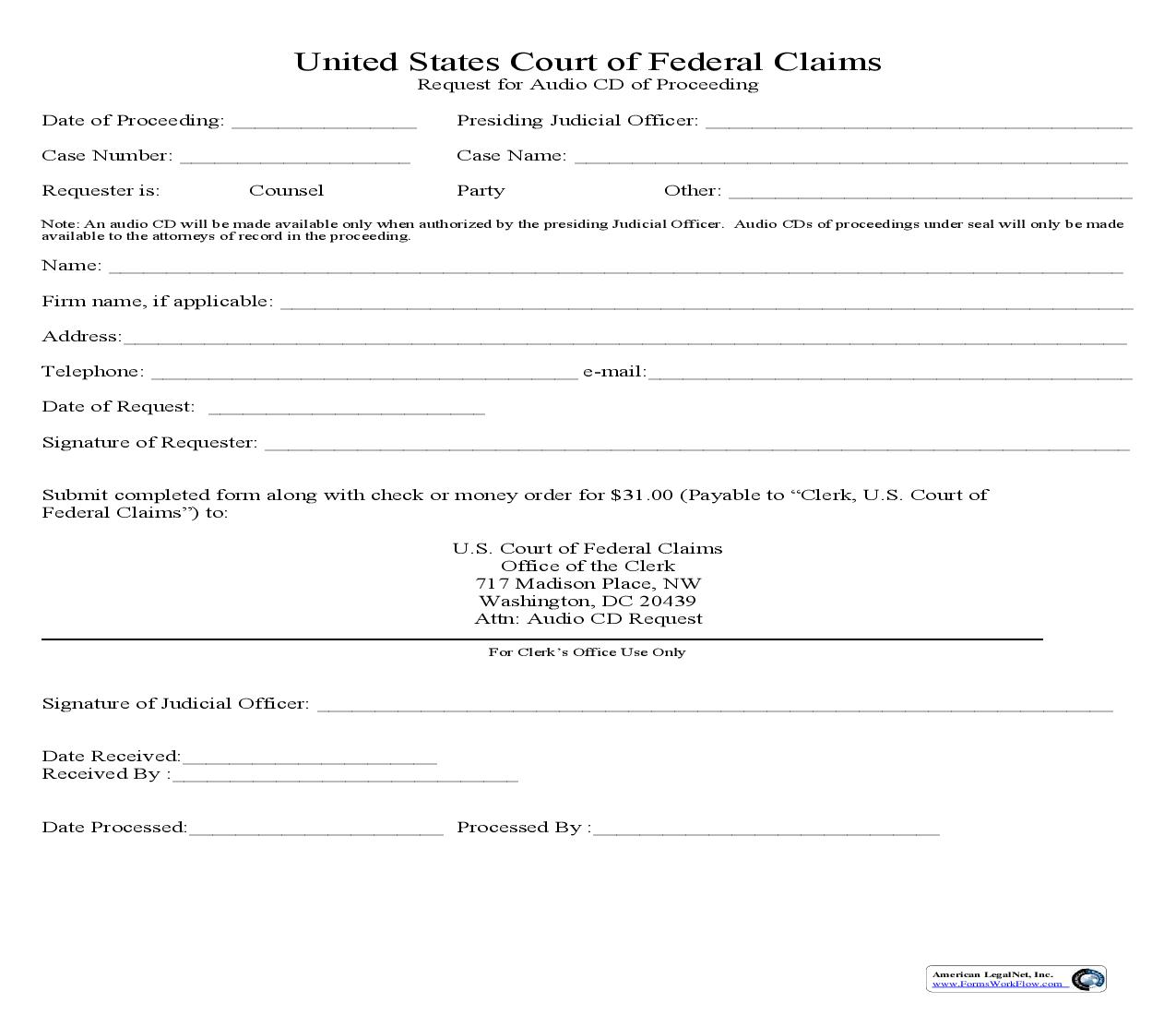 Request For Audio CD Of Proceeding | Pdf Fpdf Doc Docx | Official Federal Forms