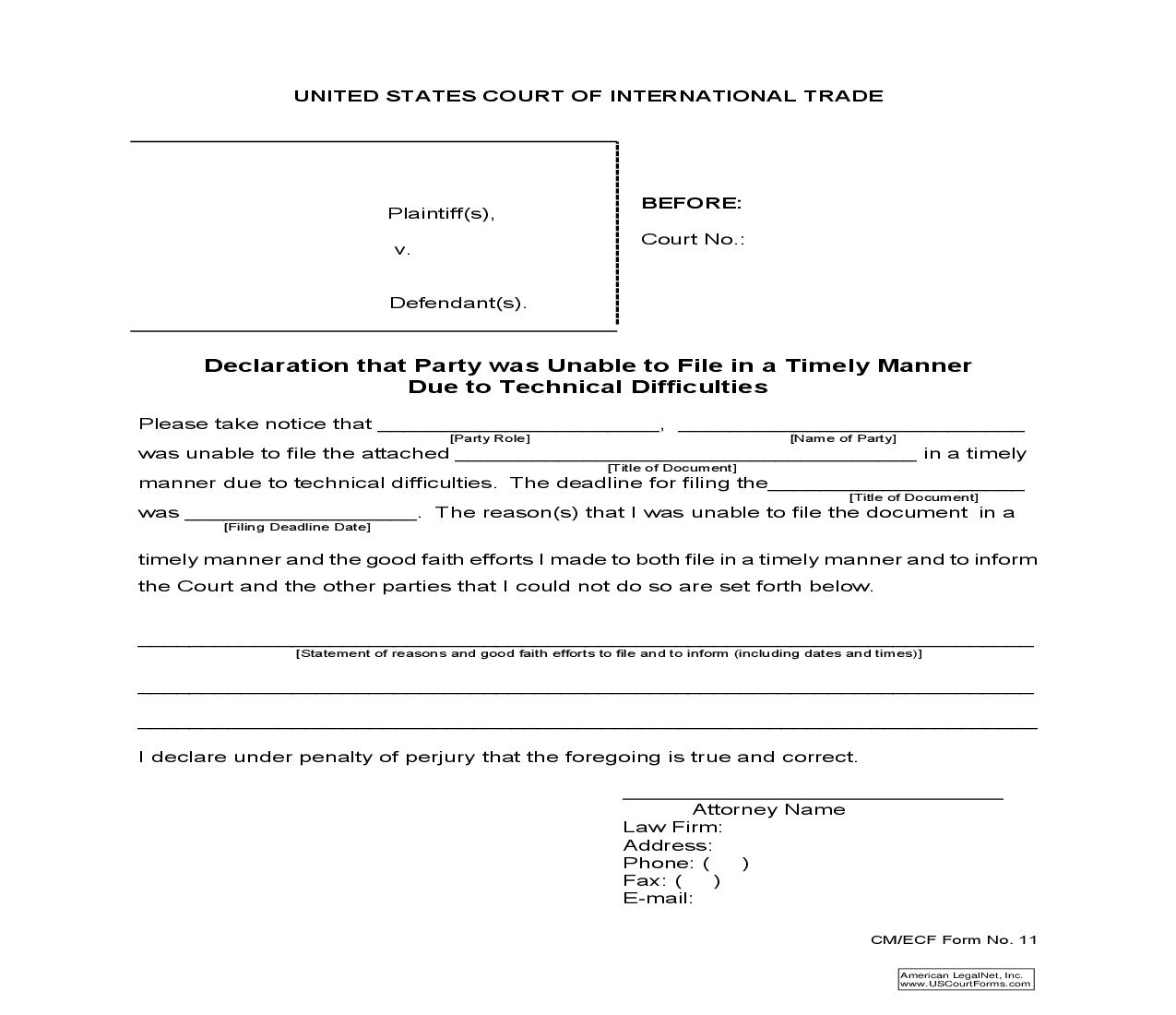 Declaration That Party Was Unable To File In A Timely Manner Due To Technical Difficulties {11} | Pdf Fpdf Doc Docx | Official Federal Forms