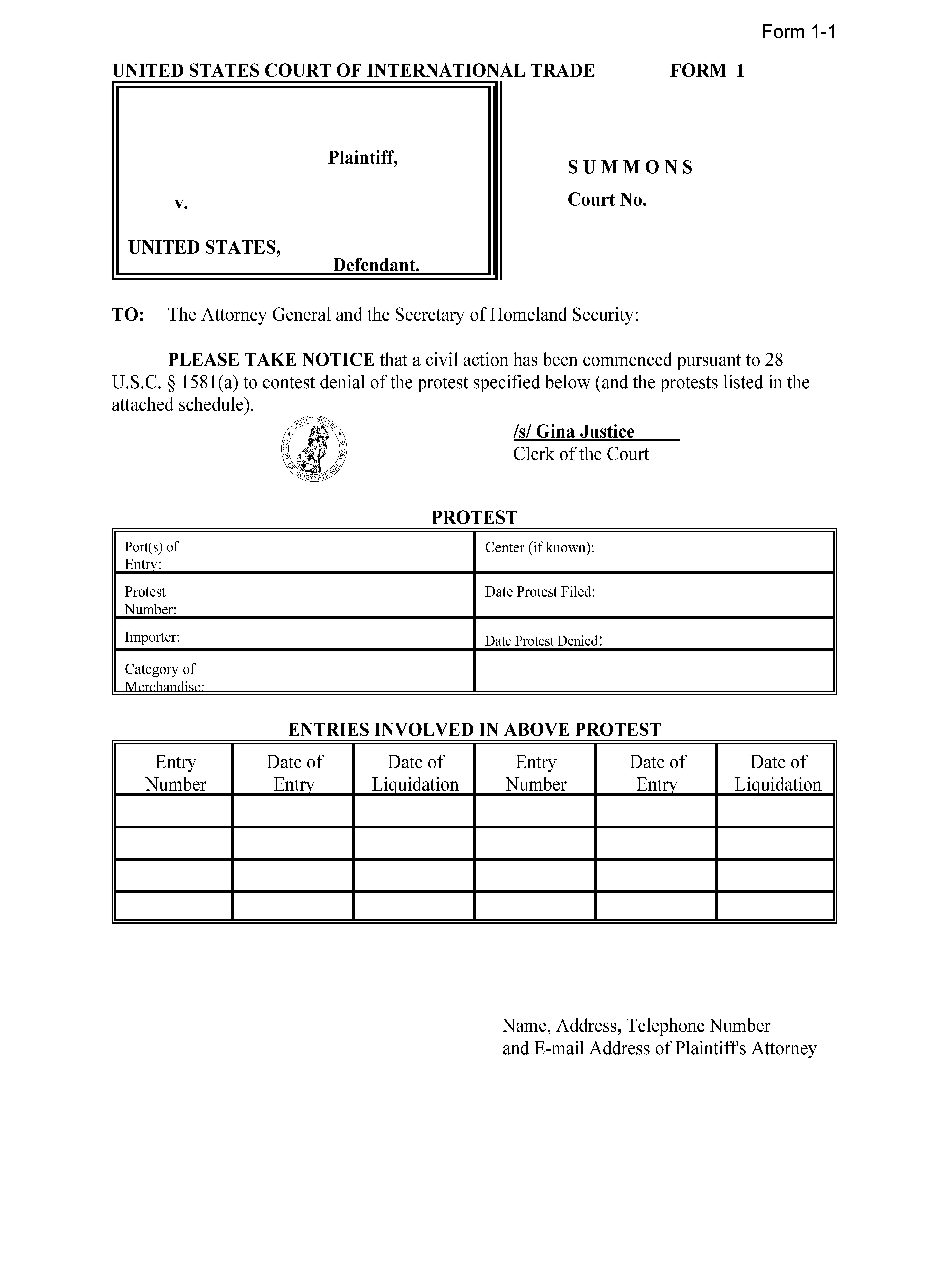 Form 1 Summons (Pursuant To 28 USC 1581(a)) {1} | Pdf Fpdf Doc Docx | Official Federal Forms