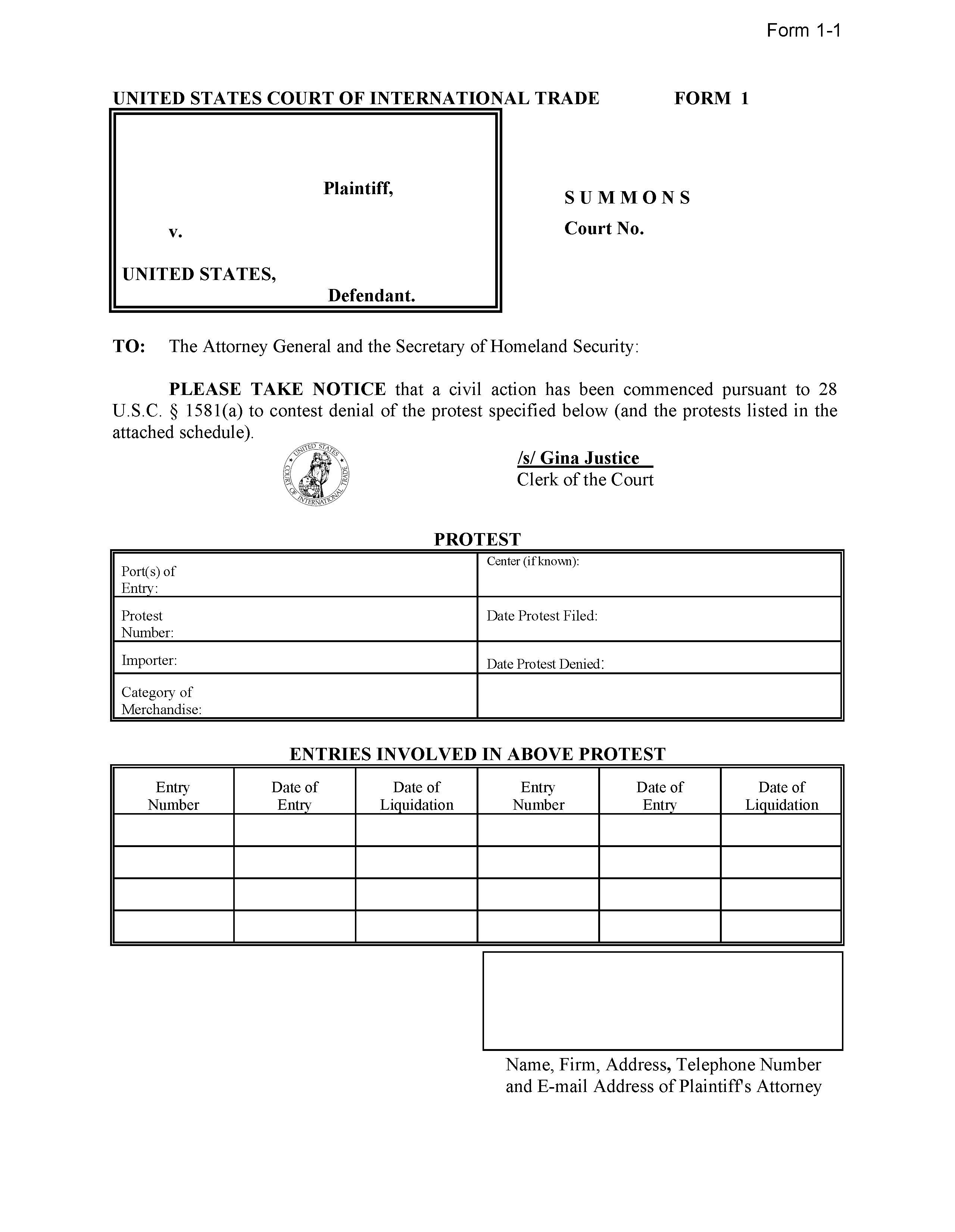 Form 1 Summons (Pursuant To 28 USC 1581(a)) {1} | Pdf Fpdf Doc Docx | Official Federal Forms