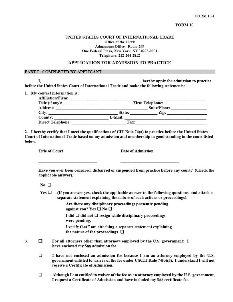 Form 10 Application For Admission (Rule 74B) {10} | Pdf Fpdf Docx | Official Federal Forms