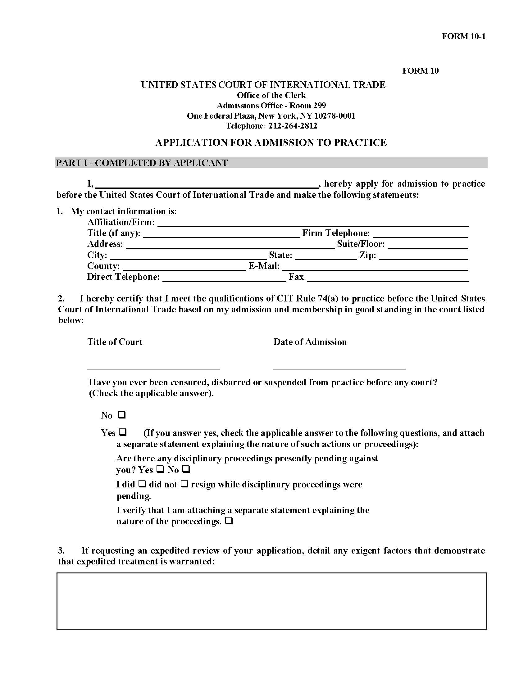Form 10 Application For Admission (Rule 74B) {10} | Pdf Fpdf Docx | Official Federal Forms