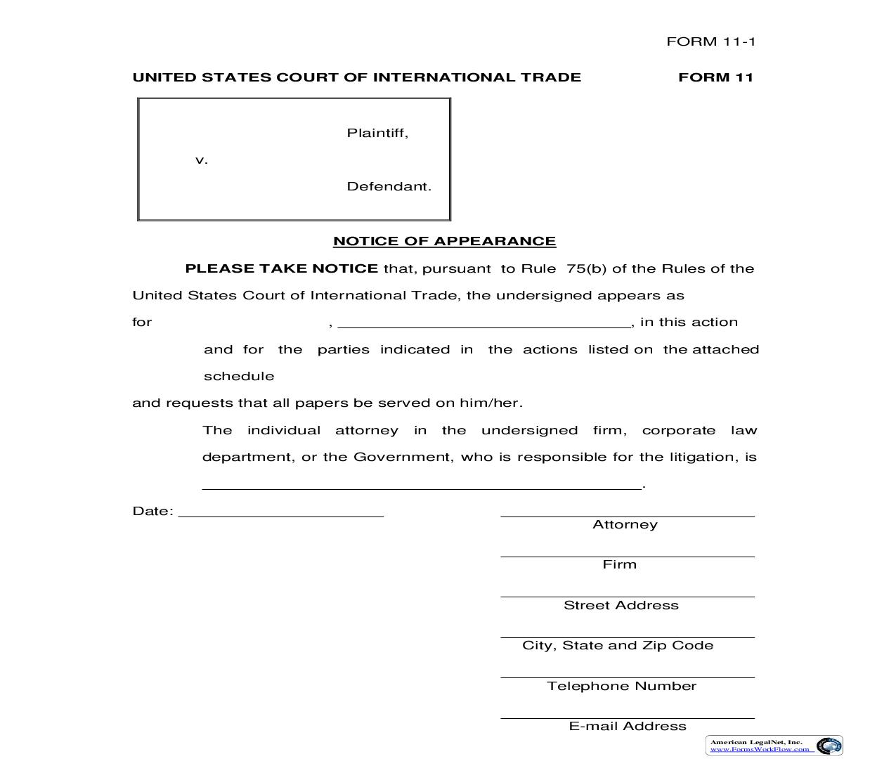 Form 11 Notice Of Appearance Rule 75(b)(2) {11} | Pdf Fpdf Doc Docx | Official Federal Forms