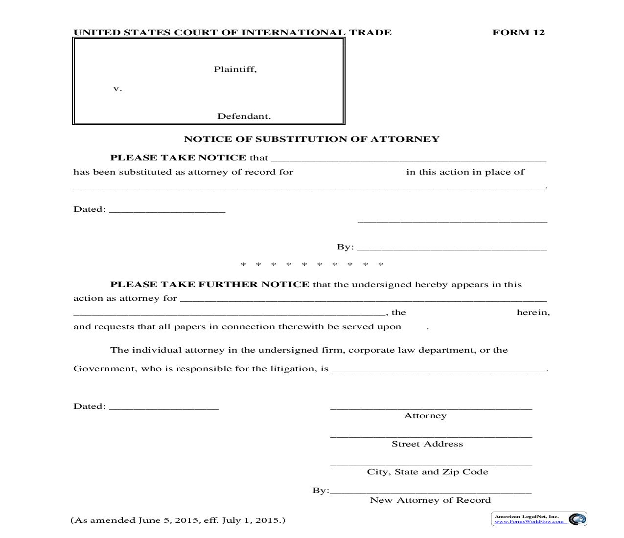 Form 12 Notice Of Substitution Of Attorney Rule 75(c) {12} | Pdf Fpdf Doc Docx | Official Federal Forms