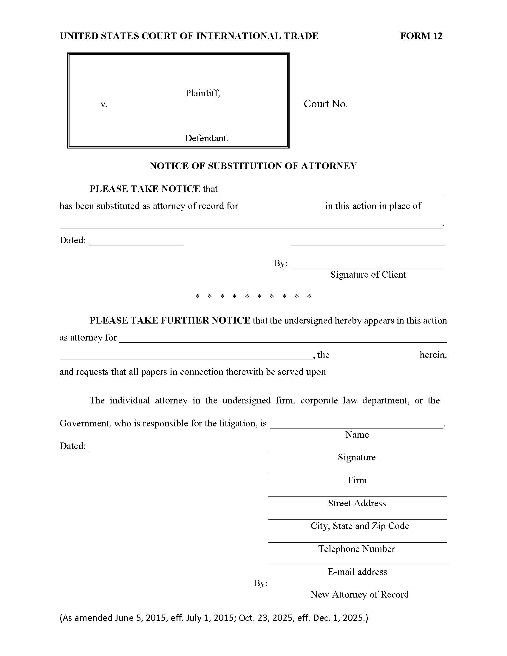 Form 12 Notice Of Substitution Of Attorney Rule 75(c) {12} | Pdf Fpdf Doc Docx | Official Federal Forms