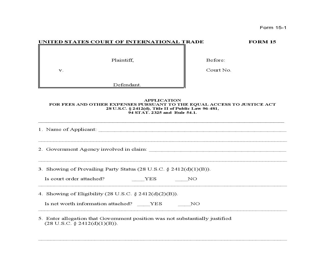 Form 15 Application For Fees And Other Expenses Pursuant To The Equal Access To Justice Act {15} | Pdf Fpdf Doc Docx | Official Federal Forms