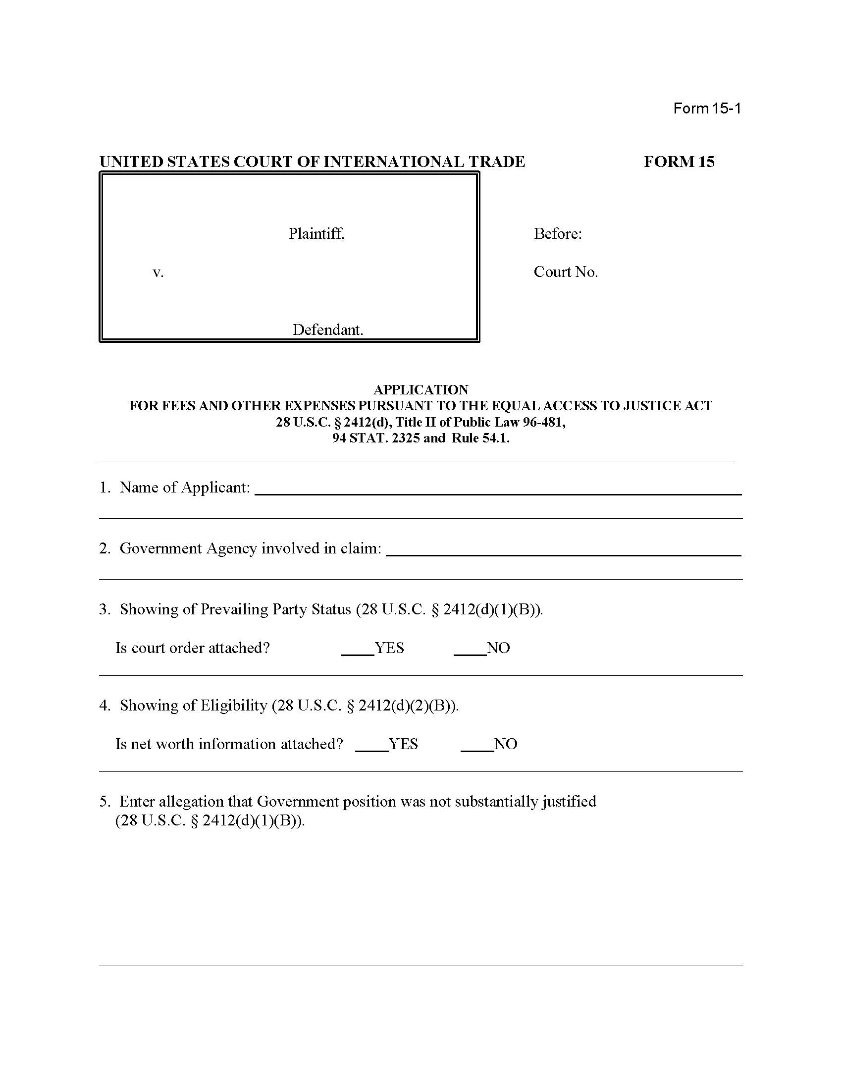 Form 15 Application For Fees And Other Expenses Pursuant To The Equal Access To Justice Act {15} | Pdf Fpdf Doc Docx | Official Federal Forms