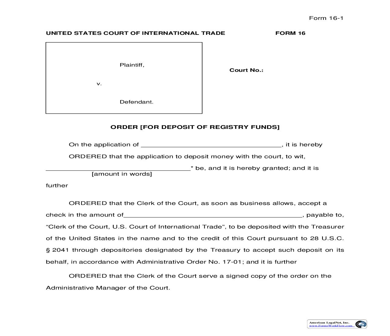 Form 16 Order (For Deposit Of Registry Funds) Rule 67.1 {16} | Pdf Fpdf Docx | Official Federal Forms