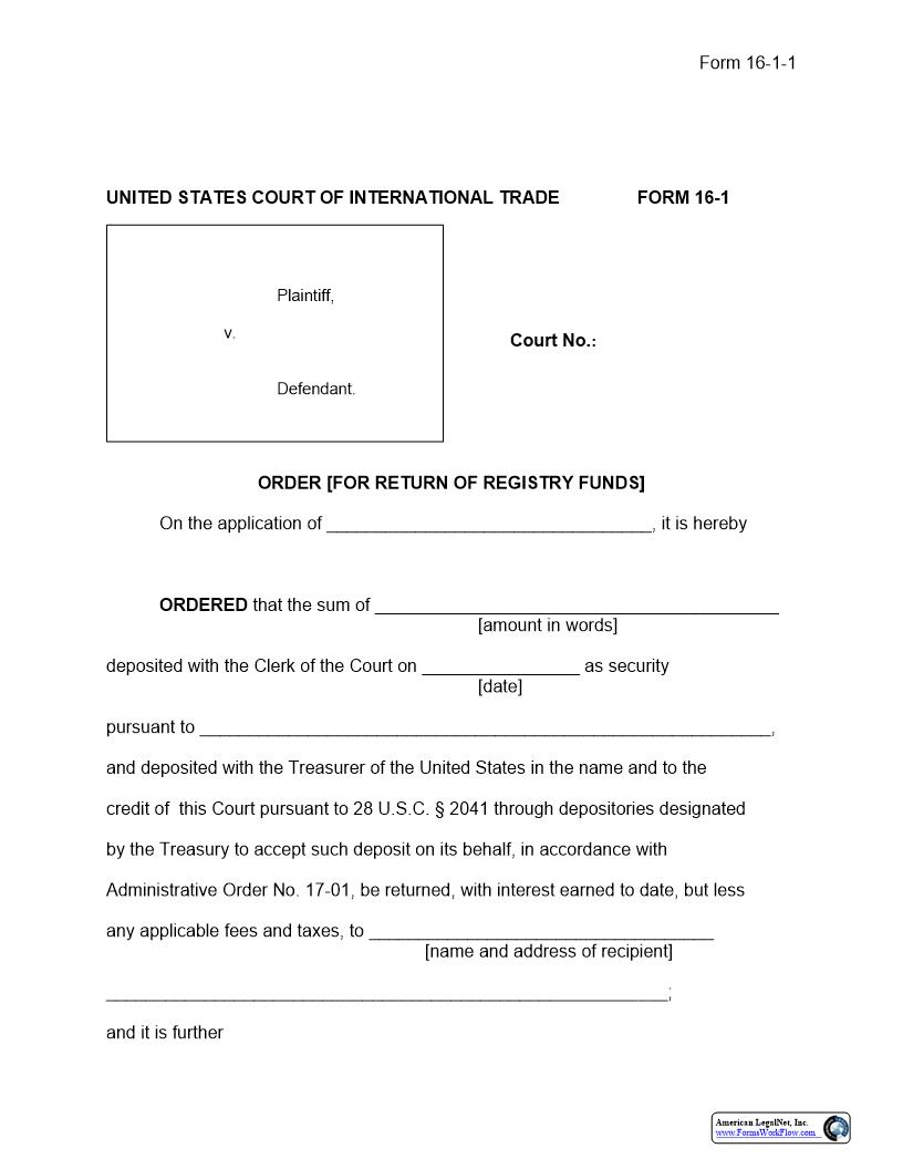 Form 16-1 Order (For Return Of Registry Funds) Rule 67.1 {16-1} | Pdf Fpdf Docx | Official Federal Forms