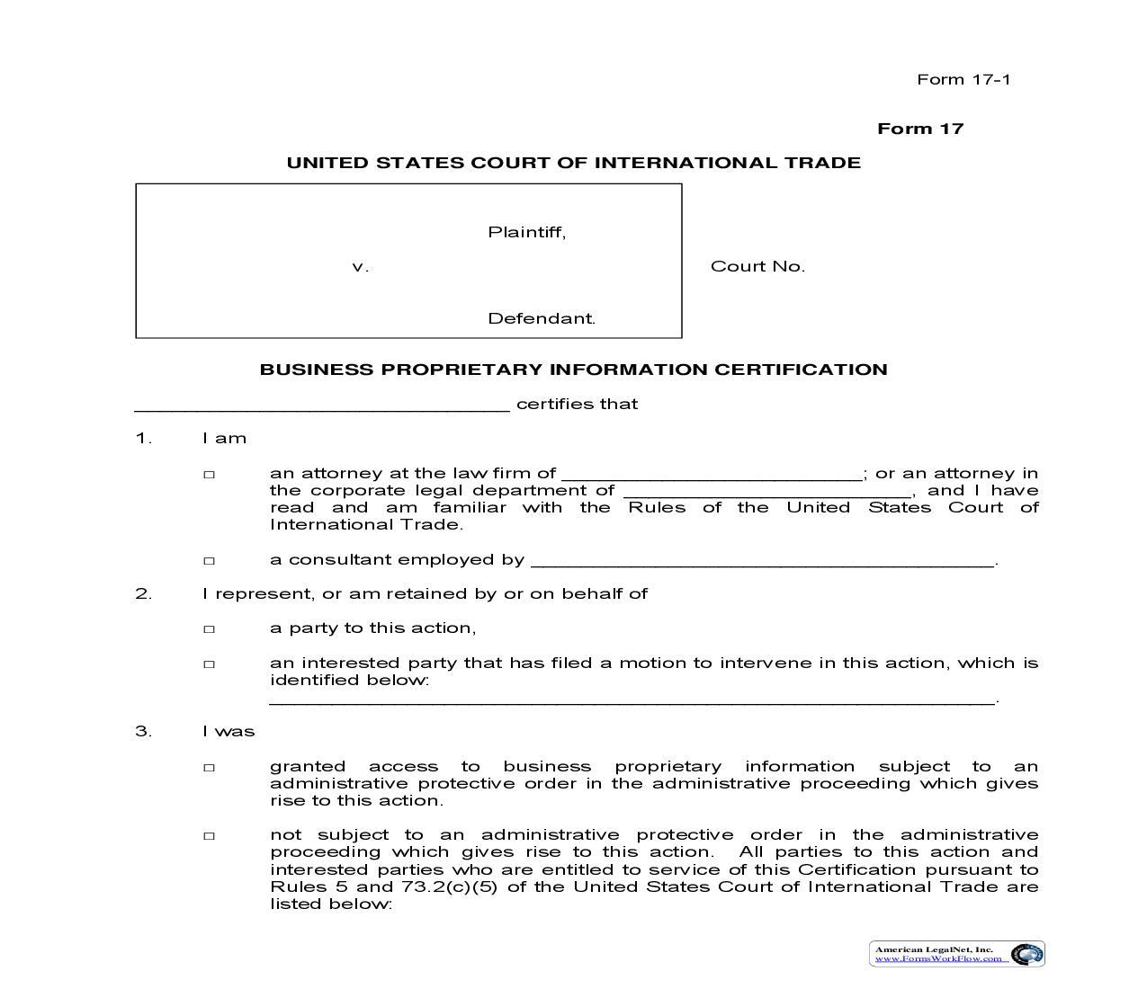 Form 17 Business Proprietary Information Certification {17} | Pdf Fpdf Doc Docx | Official Federal Forms