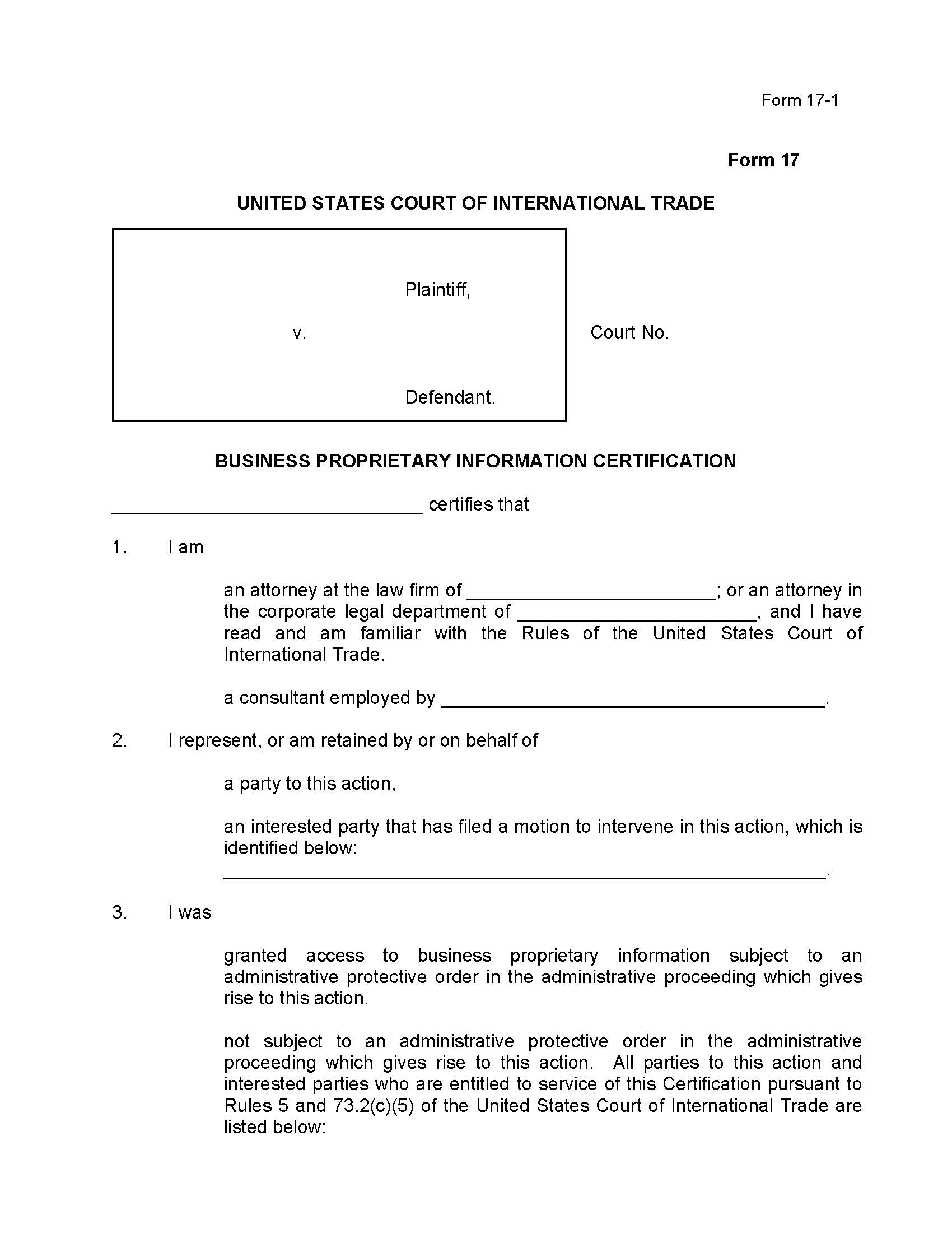 Form 17 Business Proprietary Information Certification {17} | Pdf Fpdf Doc Docx | Official Federal Forms