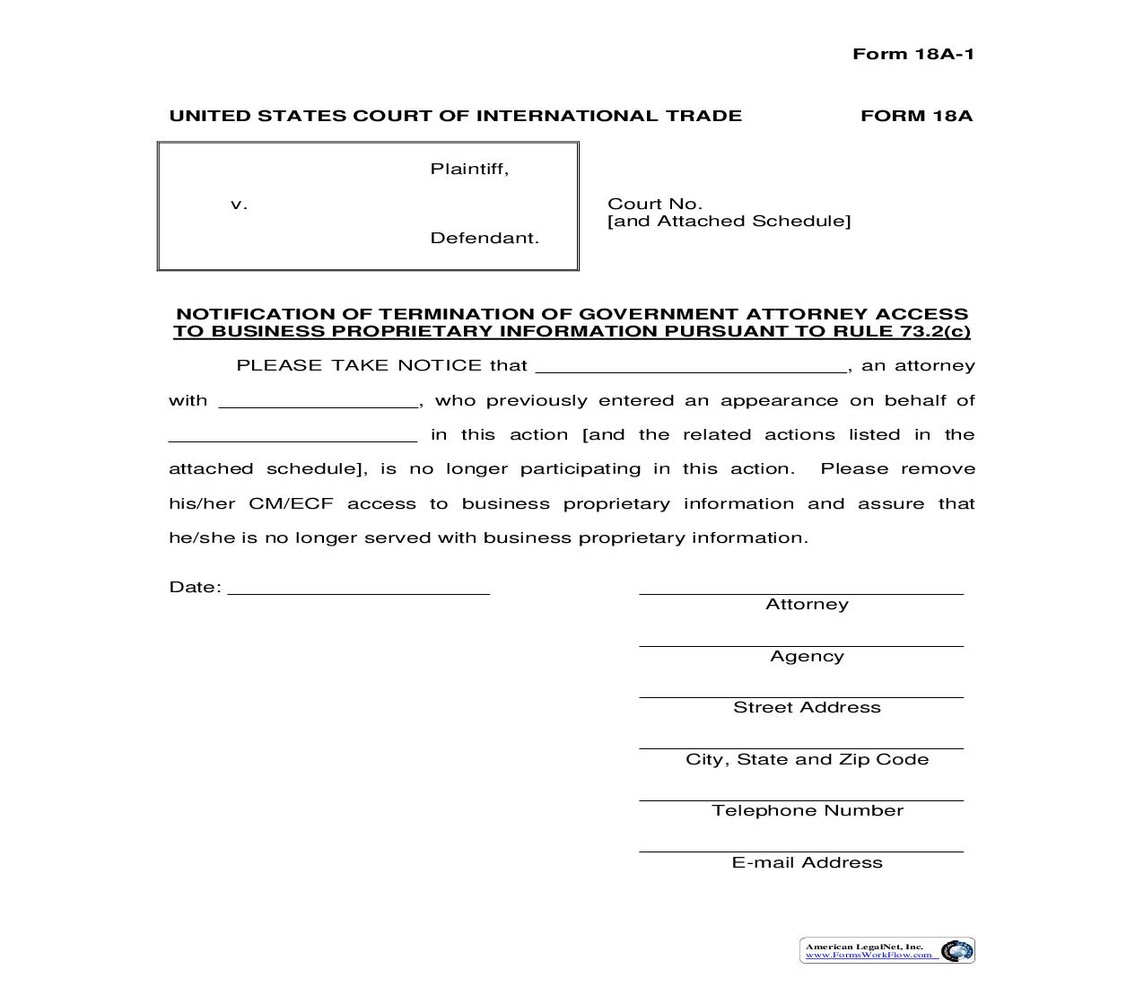 Form 18A Notification Of Termination Of Government Attorney Access To Business Proprietary Information {18A} | Pdf Fpdf Doc Docx | Official Federal Forms