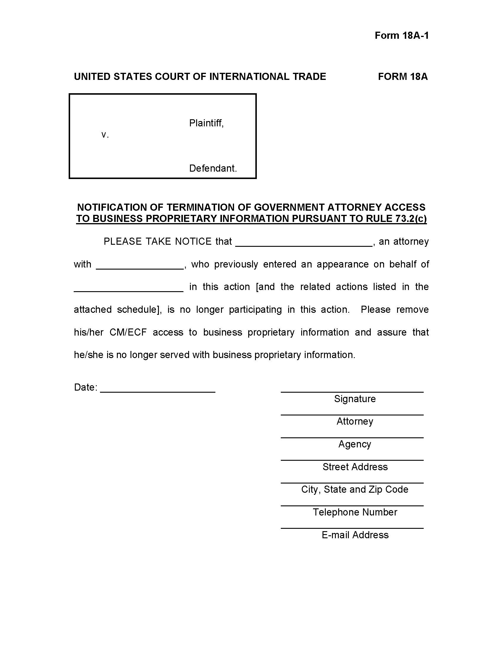 Form 18A Notification Of Termination Of Government Attorney Access To Business Proprietary Information {18A} | Pdf Fpdf Doc Docx | Official Federal Forms