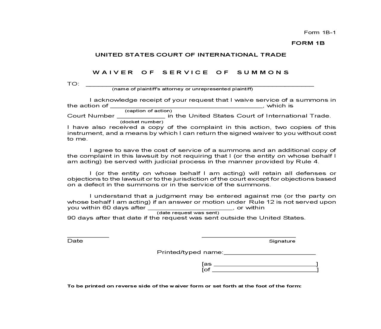 Form 1B Waiver Of Service Of Summons (Rule 4) {1B} | Pdf Fpdf Doc Docx | Official Federal Forms