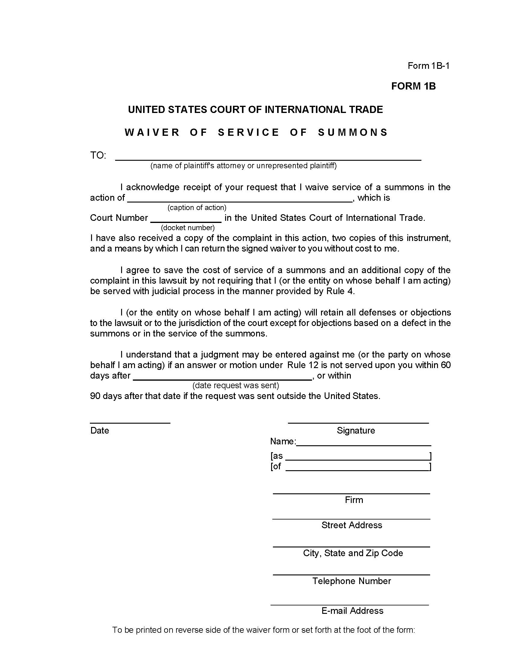 Form 1B Waiver Of Service Of Summons (Rule 4) {1B} | Pdf Fpdf Doc Docx | Official Federal Forms