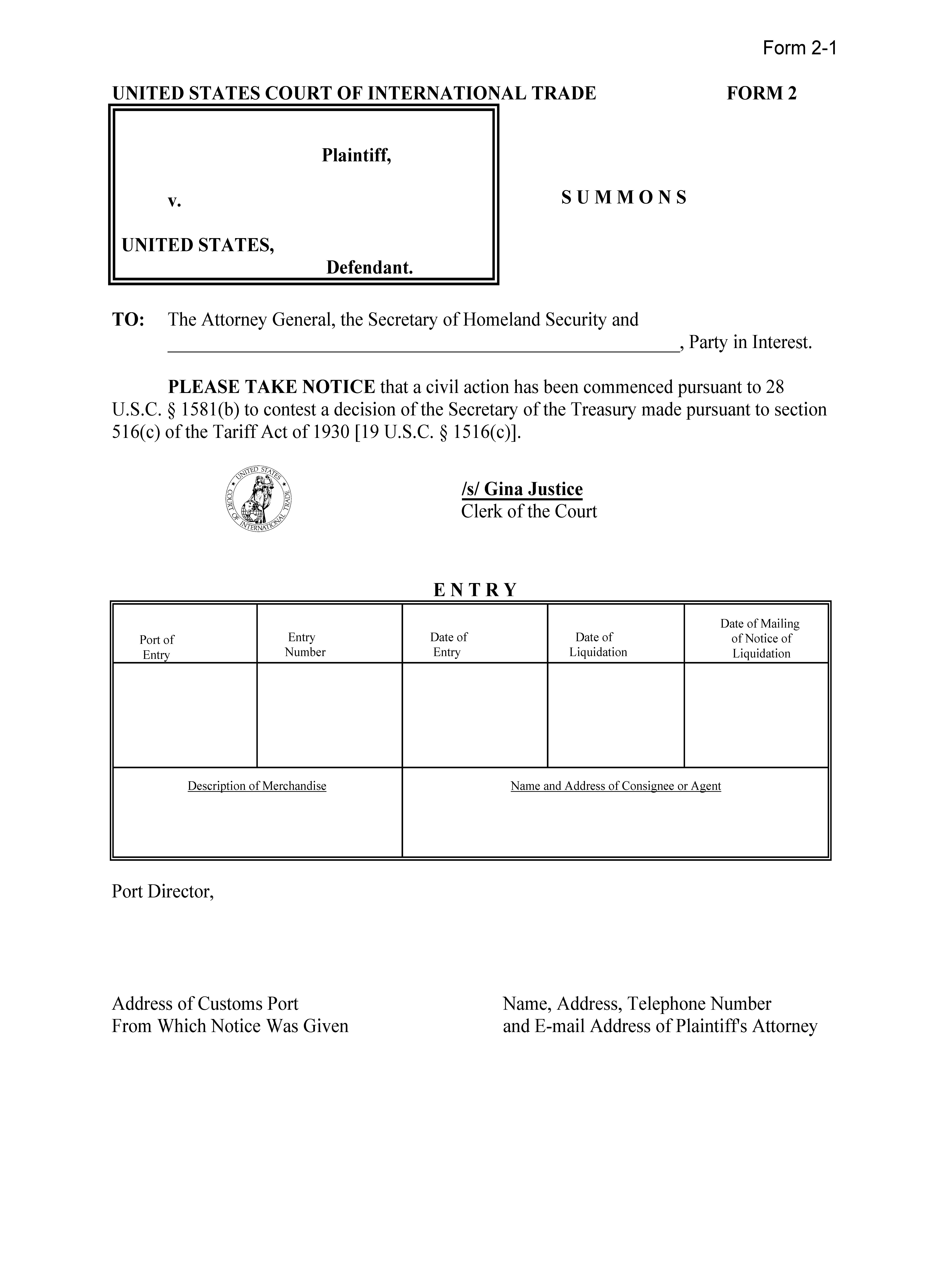 Form 2 Summons (Pursuant To 28 USC 1581(b)) {2} | Pdf Fpdf Doc Docx | Official Federal Forms