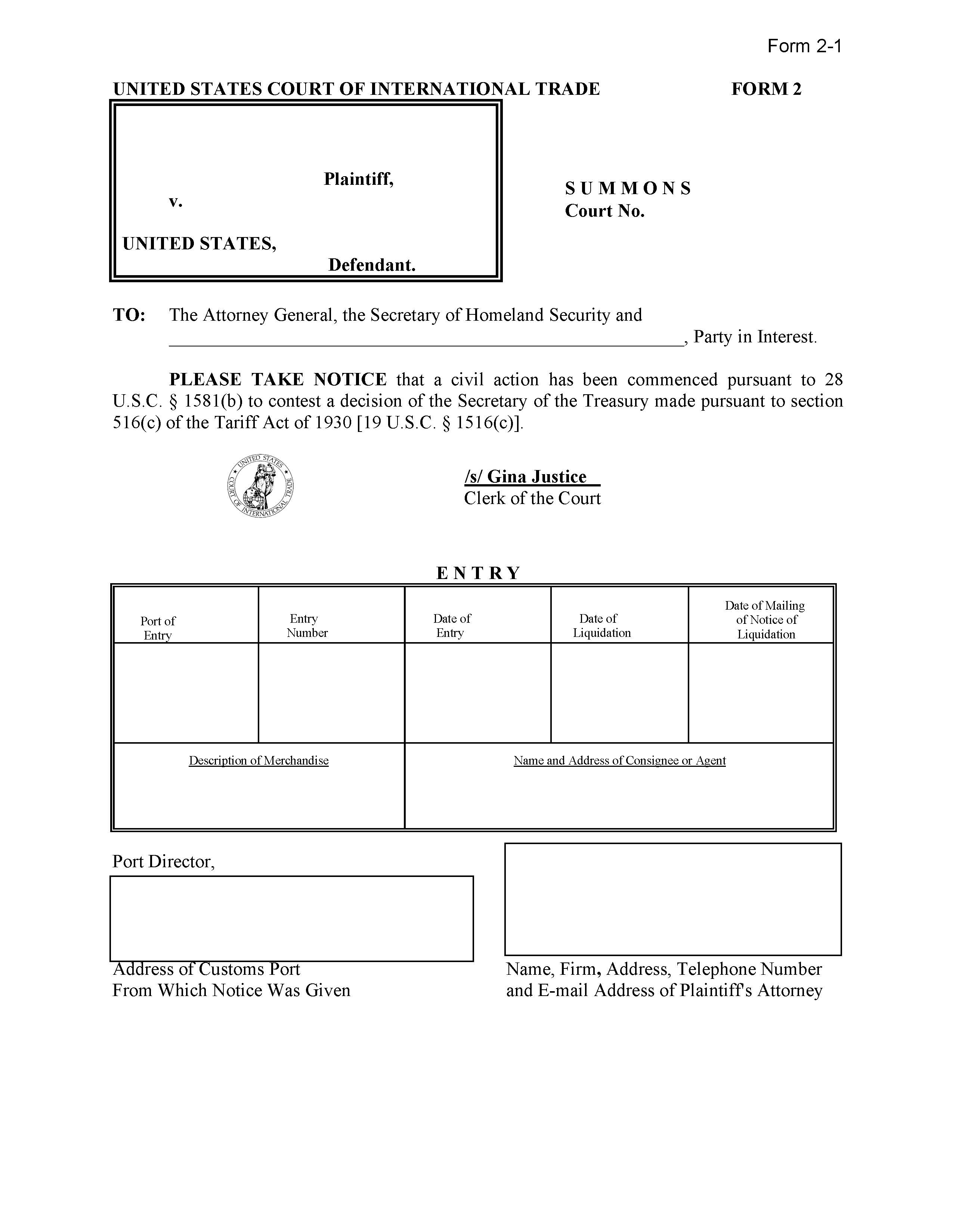 Form 2 Summons (Pursuant To 28 USC 1581(b)) {2} | Pdf Fpdf Doc Docx | Official Federal Forms