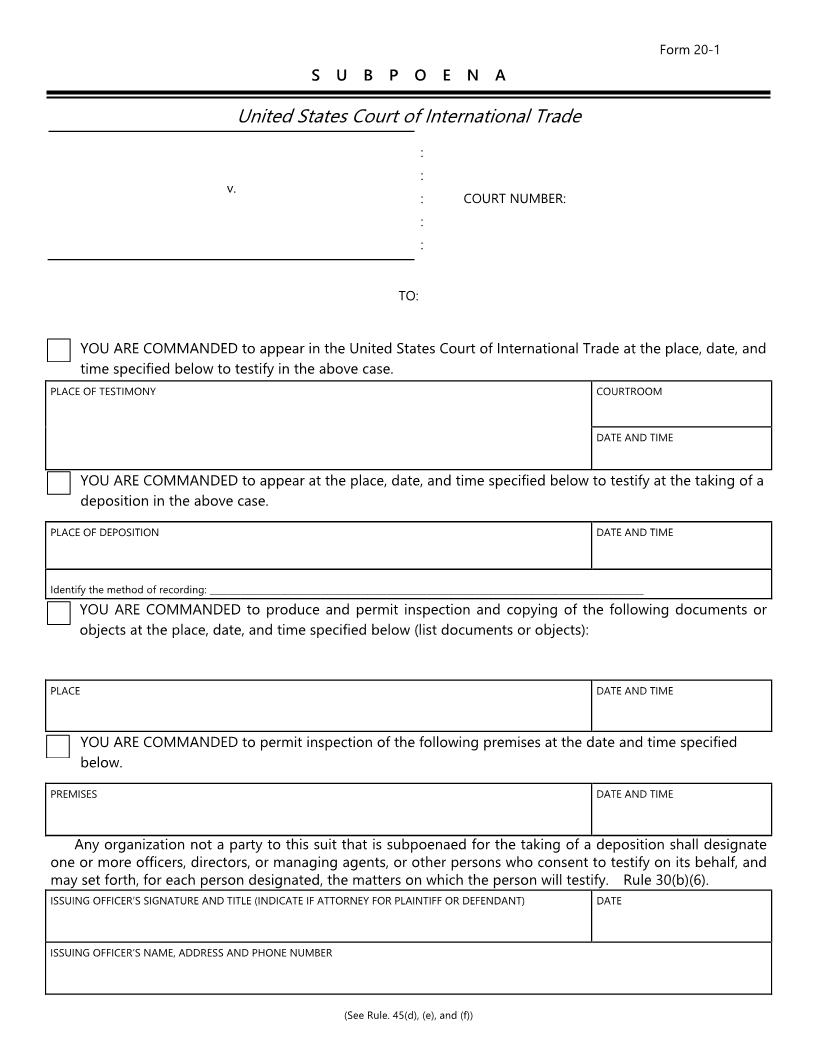 Form 20 Subpoena {20} | Pdf Fpdf Doc Docx | Official Federal Forms