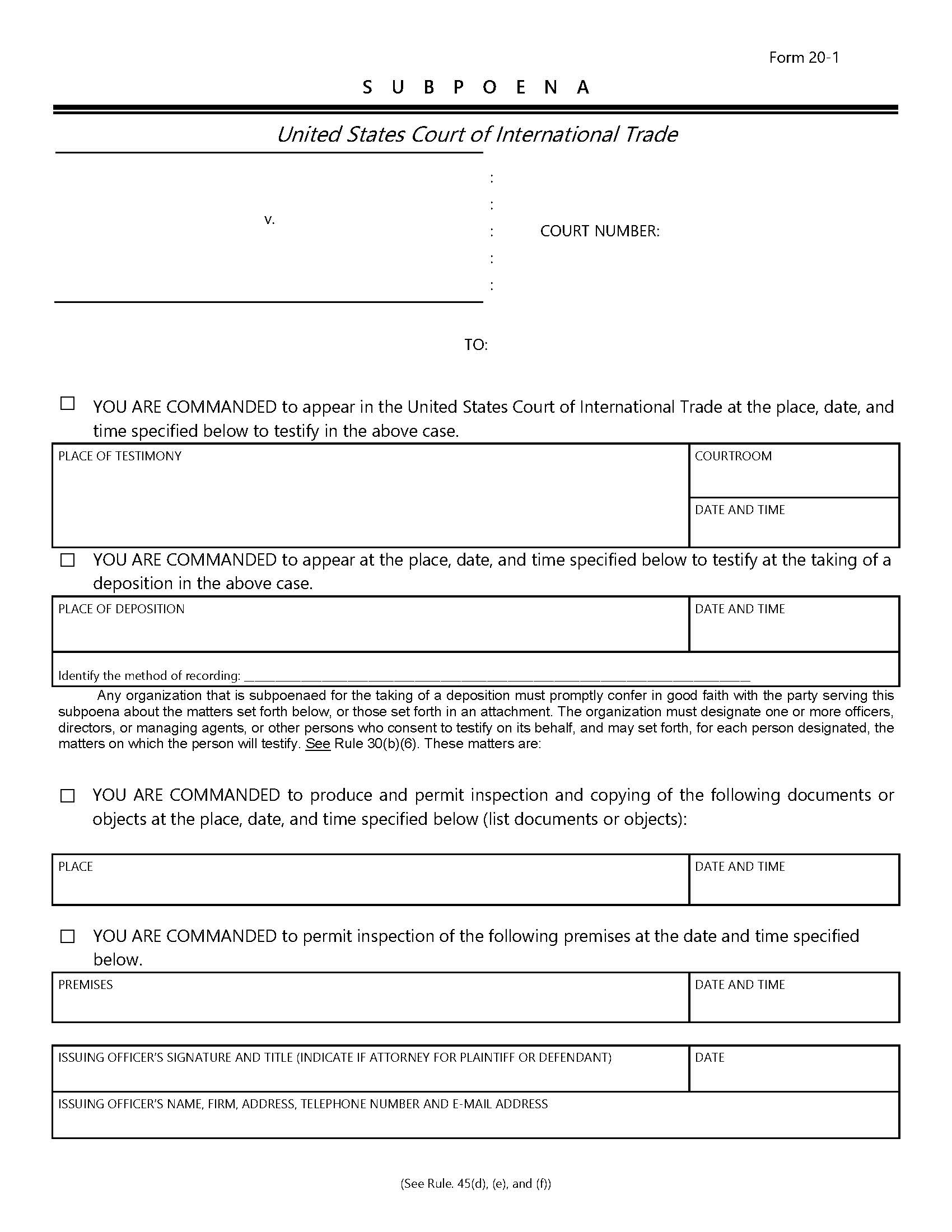 Form 20 Subpoena {20} | Pdf Fpdf Doc Docx | Official Federal Forms