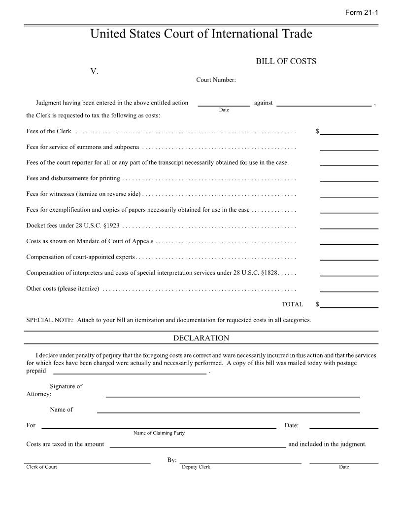 Form 21 Bill Of Costs {21} | Pdf Fpdf Docx | Official Federal Forms